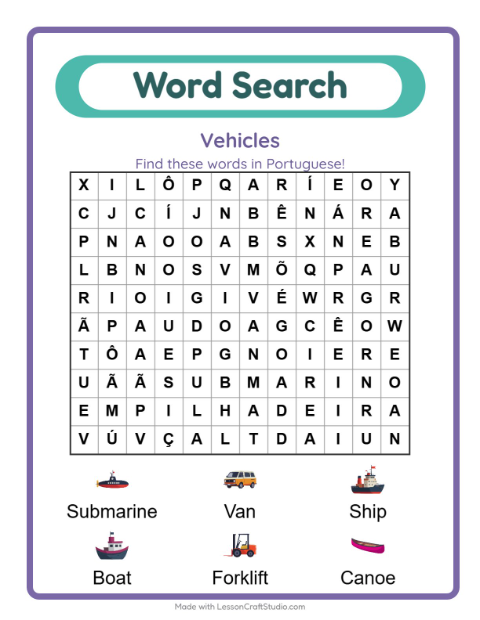 Preview of Learn Portuguese: Vehicles – Word Search for Kids