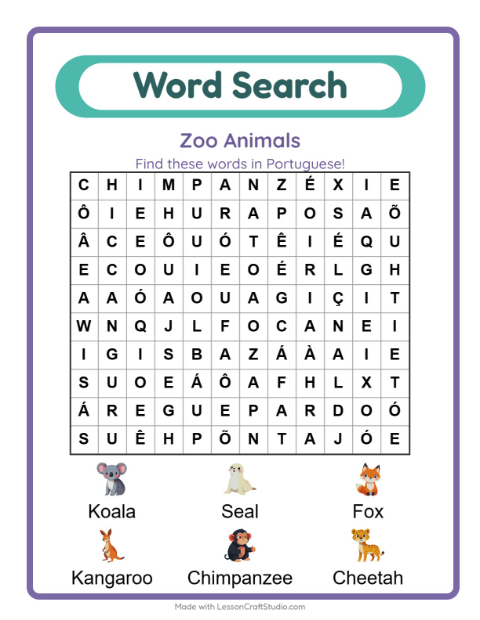 Picture word search – Zoo Animals