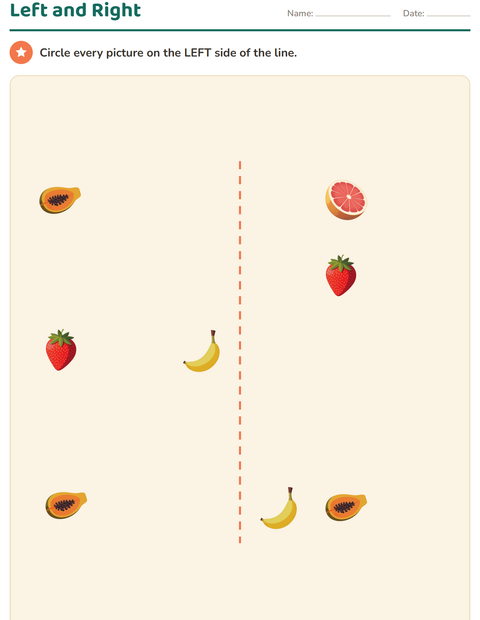 Preview of Position Words worksheet featuring Fruits for kindergarten