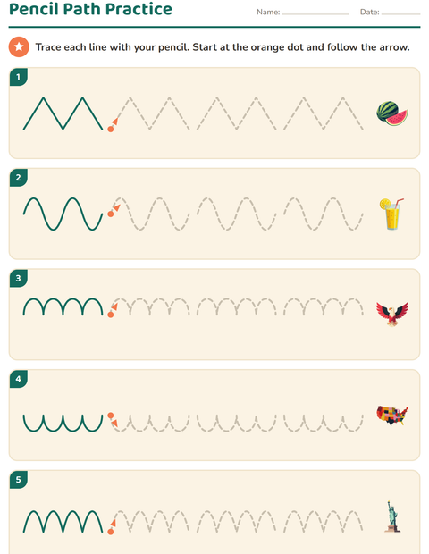 Preview of Pre-Writing Practice worksheet featuring 4th of July for kindergarten