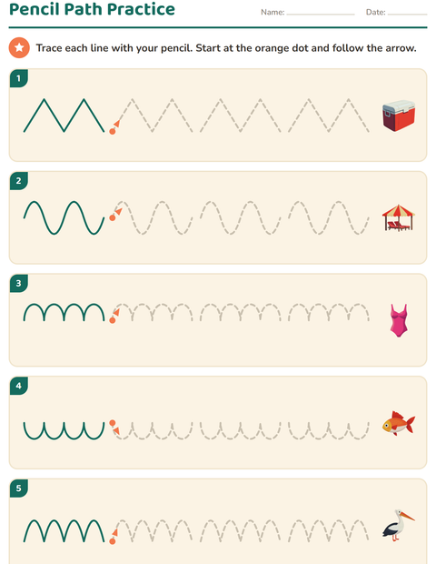 Preview of Pre-Writing Practice worksheet featuring Beach for kindergarten