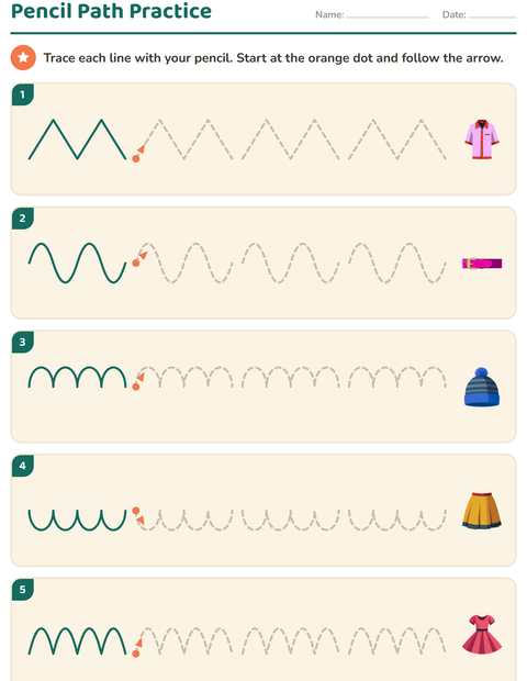 Preview of Pre-Writing Practice worksheet featuring Clothing for kindergarten