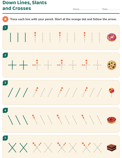 Preview of Pre-Writing Practice worksheet featuring Desserts and Sweets for kindergarten