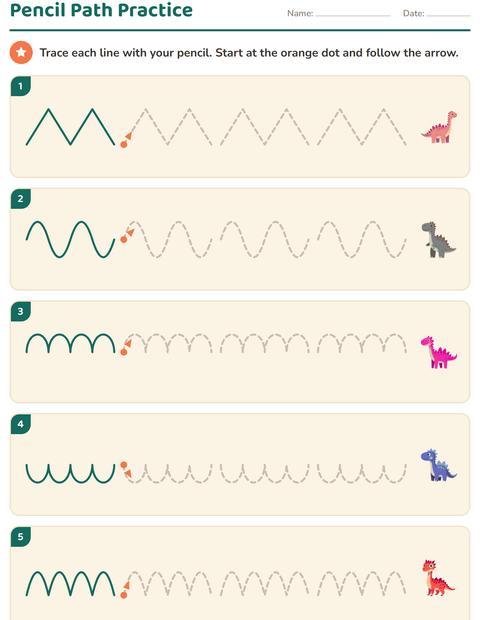 Preview of Pre-Writing Practice worksheet featuring Dinosaurs for kindergarten