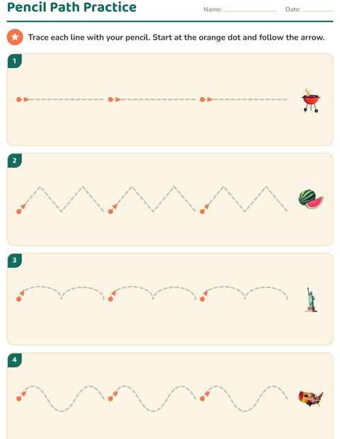 Preview of Pre-Writing Practice worksheet featuring 4th of July for kindergarten