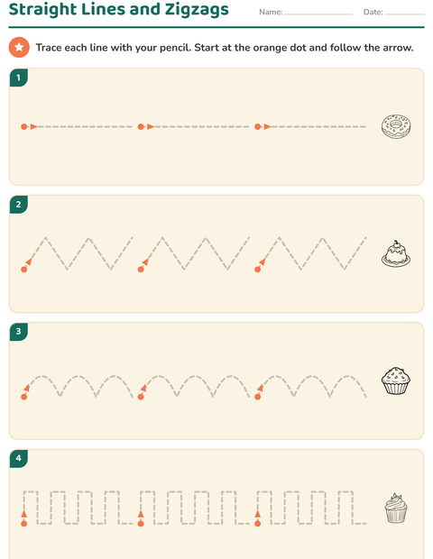 Preview of Pre-Writing Practice worksheet featuring Dessert (B&W) for kindergarten