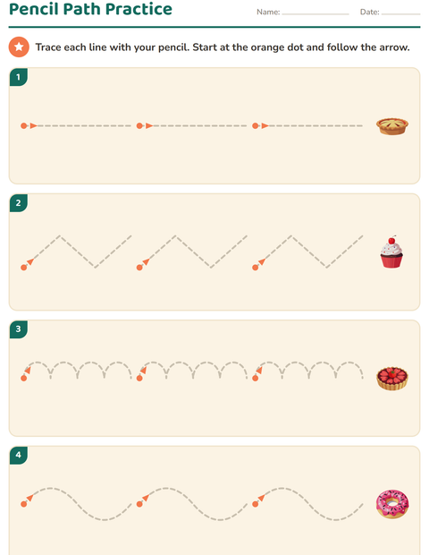 Preview of Pre-Writing Practice worksheet featuring Desserts and Sweets for kindergarten
