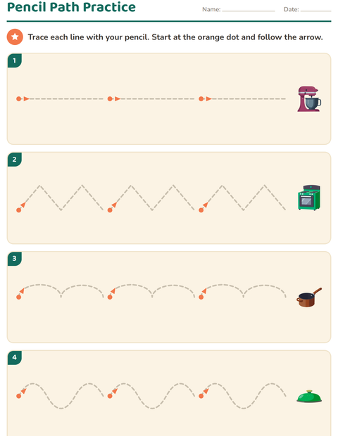 Preview of Pre-Writing Practice worksheet featuring Kitchen Tools for kindergarten