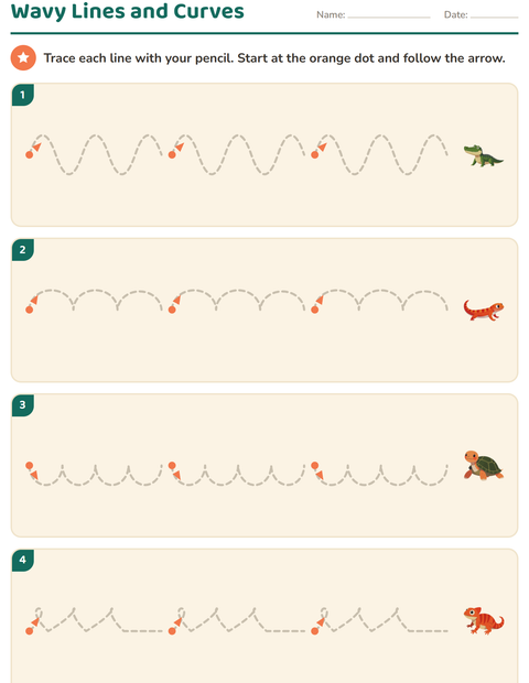 Preview of Pre-Writing Practice worksheet featuring Reptiles and Amphibians for kindergarten