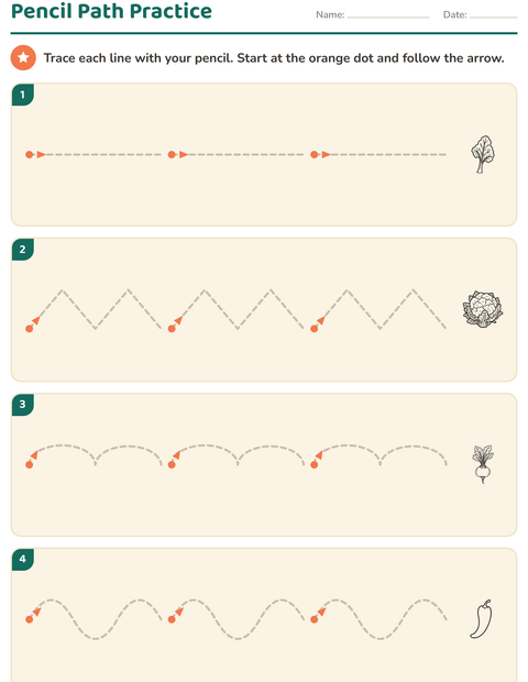 Preview of Pre-Writing Practice worksheet featuring Vegetables BW 2 for kindergarten