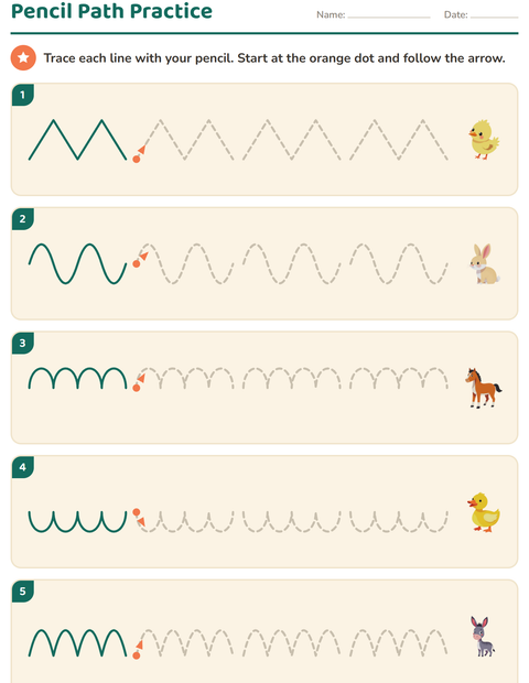 Preview of Pre-Writing Practice worksheet featuring Farm Animals for kindergarten