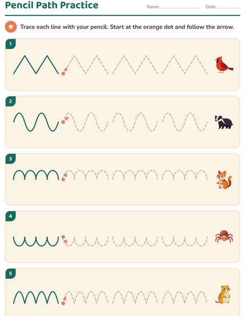 Preview of Pre-Writing Practice worksheet featuring Forest Creatures for kindergarten