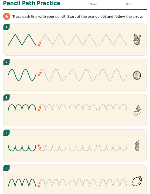 Preview of Pre-Writing Practice worksheet featuring Fruits BW for kindergarten