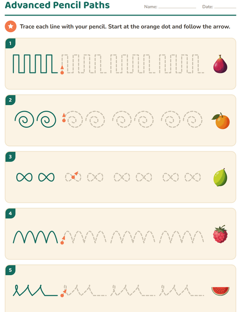Preview of Pre-Writing Practice worksheet featuring Fruits for kindergarten