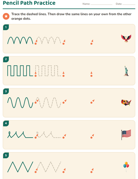 Preview of Pre-Writing Practice worksheet featuring 4th of July for kindergarten
