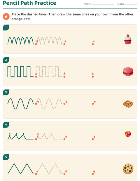Preview of Pre-Writing Practice worksheet featuring Desserts and Sweets for kindergarten