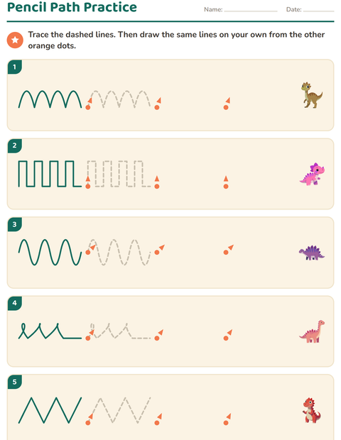 Preview of Pre-Writing Practice worksheet featuring Dinosaurs for kindergarten