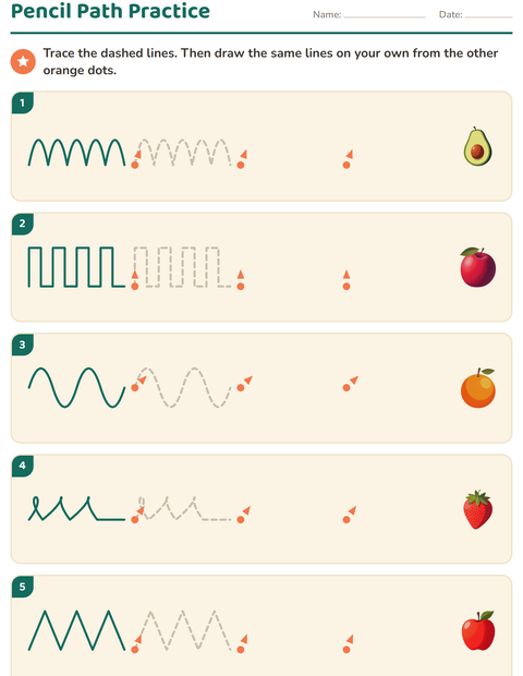 Preview of Pre-Writing Practice worksheet featuring Fruits for kindergarten