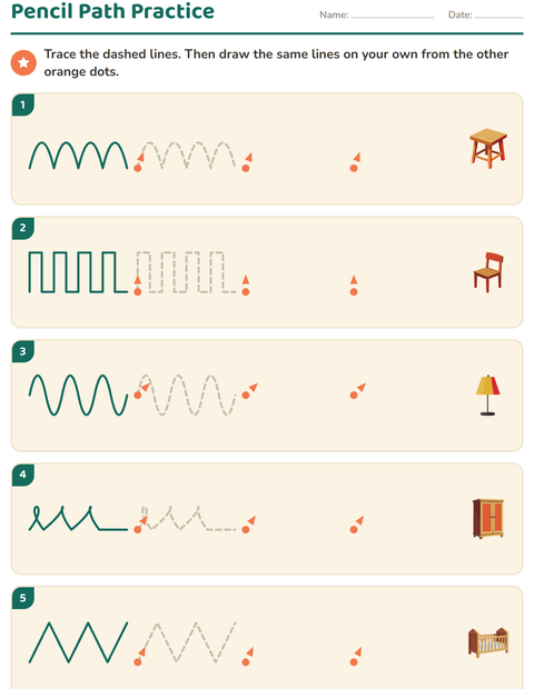 Preview of Pre-Writing Practice worksheet featuring Furniture for kindergarten