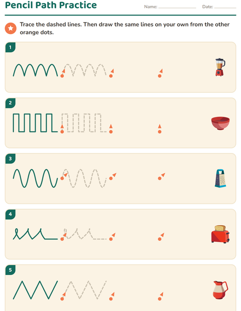 Preview of Pre-Writing Practice worksheet featuring Kitchen Tools for kindergarten
