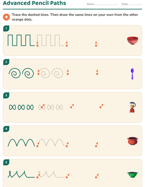Preview of Pre-Writing Practice worksheet featuring Kitchen Tools for kindergarten