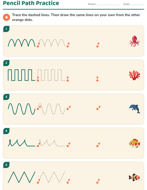 Preview of Pre-Writing Practice worksheet featuring Ocean Life for kindergarten