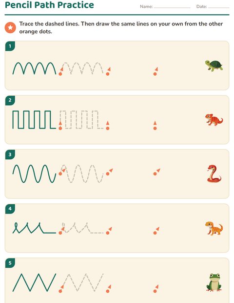 Preview of Pre-Writing Practice worksheet featuring Reptiles and Amphibians for kindergarten