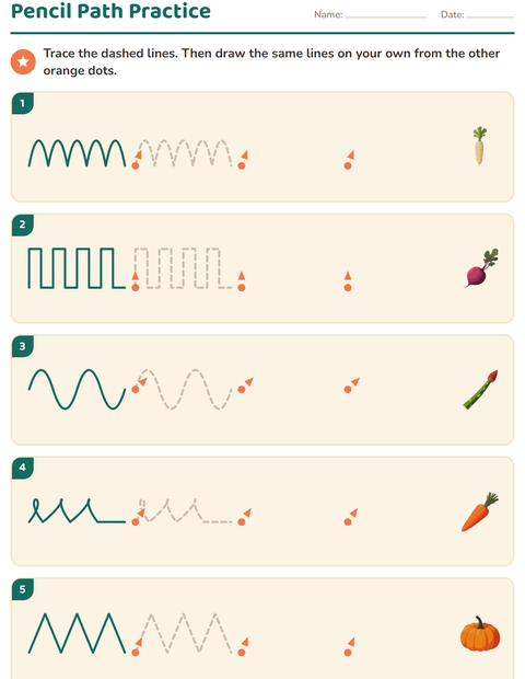 Preview of Pre-Writing Practice worksheet featuring Vegetables for kindergarten