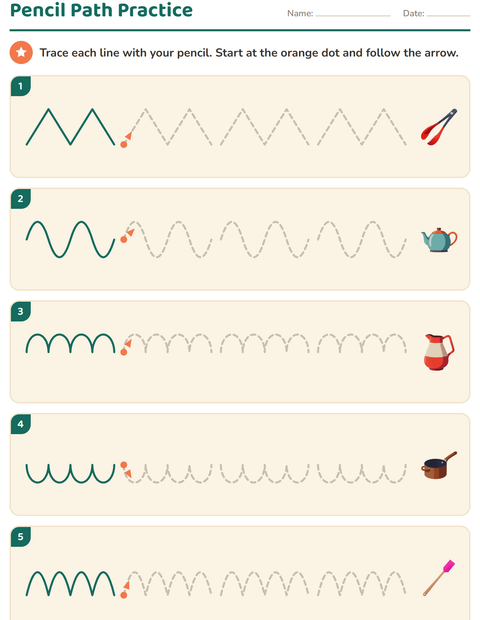 Preview of Pre-Writing Practice worksheet featuring Kitchen Tools for kindergarten