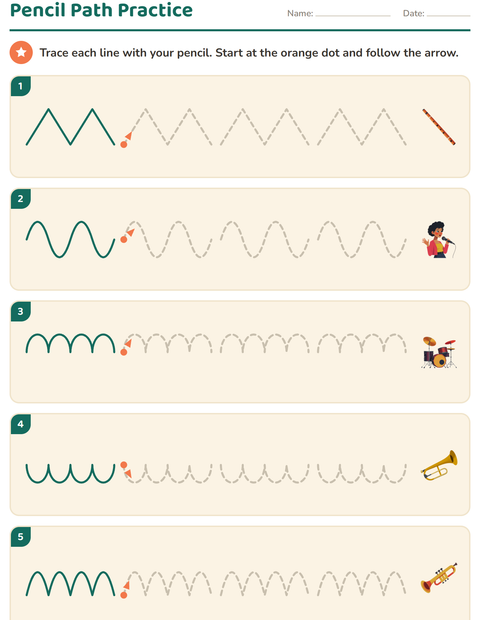Preview of Pre-Writing Practice worksheet featuring Music for kindergarten