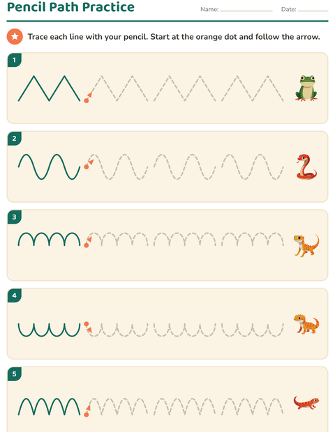 Preview of Pre-Writing Practice worksheet featuring Reptiles and Amphibians for kindergarten