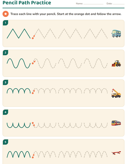 Preview of Pre-Writing Practice worksheet featuring Vehicles for kindergarten