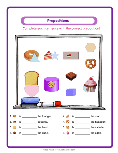 Preview of Prepositions worksheet featuring Bakery for kindergarten
