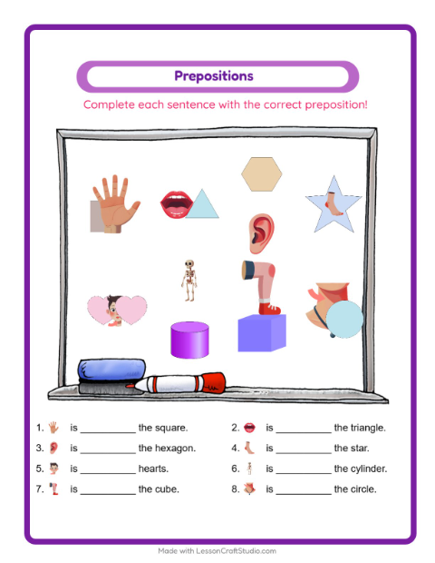 Preview of Prepositions worksheet featuring Body Parts for kindergarten