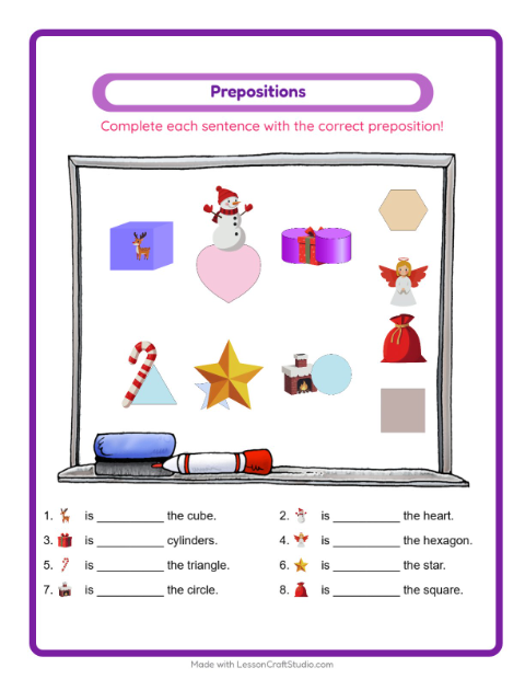 Preview of Prepositions worksheet featuring Christmas for kindergarten