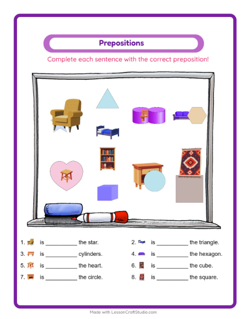 Preview of Prepositions worksheet featuring Furniture for kindergarten