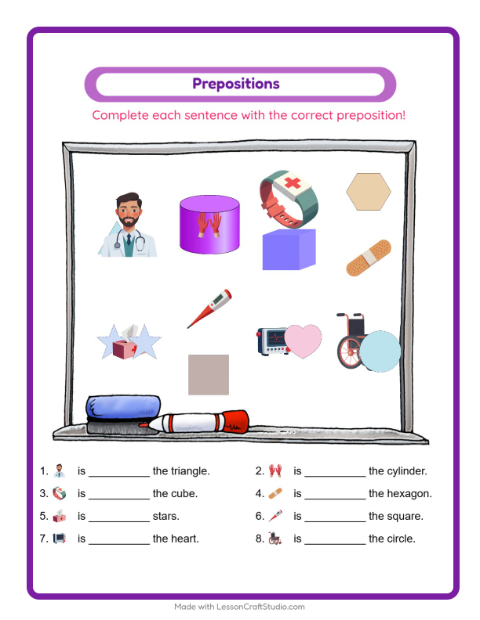 Preview of Prepositions worksheet featuring Hospital for kindergarten