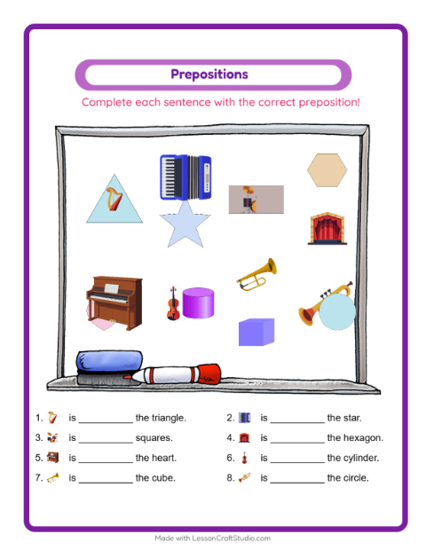 Preview of Prepositions worksheet featuring Music for kindergarten