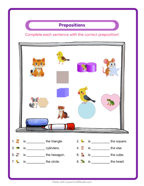 Preview of Prepositions worksheet featuring Pets for kindergarten