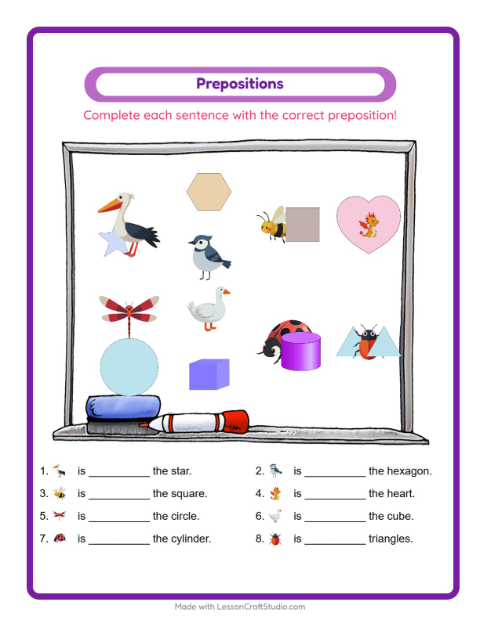 Preview of Prepositions worksheet featuring Things That Fly for kindergarten