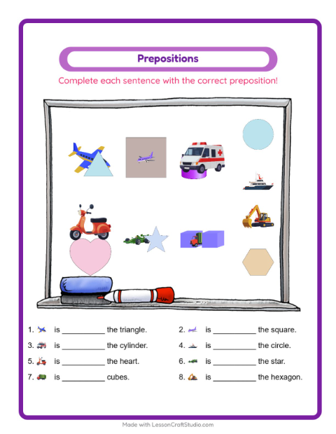 Preview of Prepositions worksheet featuring Vehicles for kindergarten