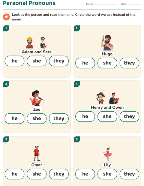 Preview of Personal Pronouns worksheet for grade 1