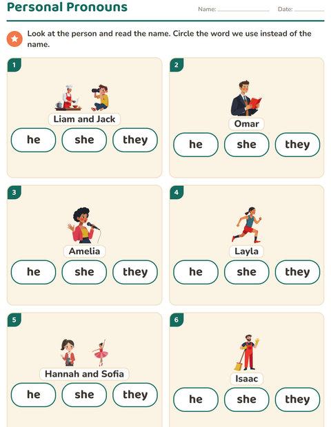Preview of Personal Pronouns worksheet for grade 1