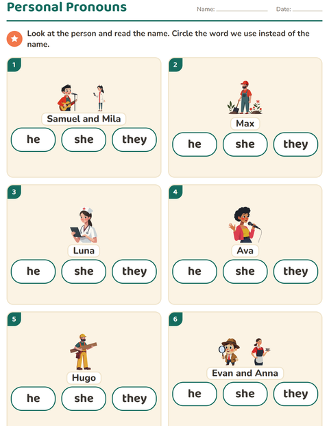 Preview of Personal Pronouns worksheet for grade 1
