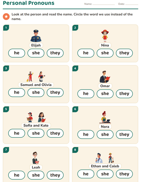 Preview of Personal Pronouns worksheet for grade 1