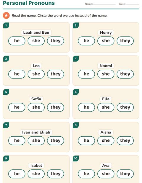 Preview of Personal Pronouns worksheet for grade 1