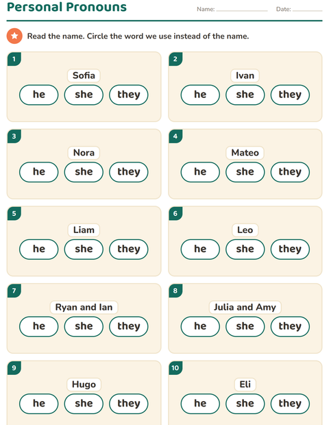 Preview of Personal Pronouns worksheet for grade 1