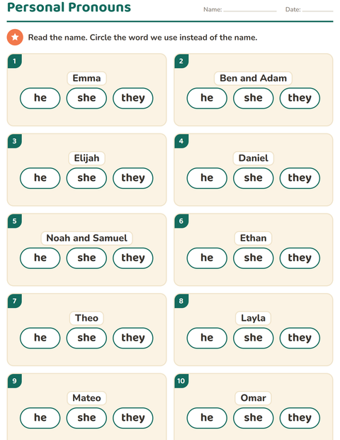 Preview of Personal Pronouns worksheet for grade 1