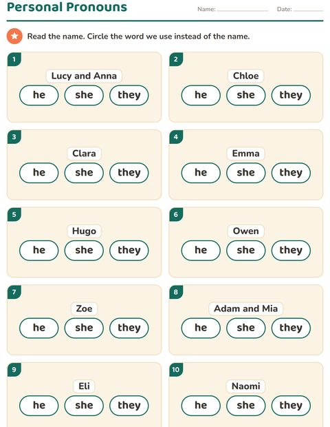 Preview of Personal Pronouns worksheet for grade 1