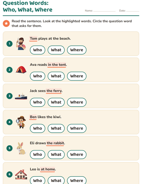Preview of Question Words worksheet for grade 1